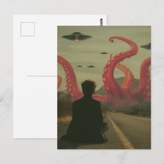Een roze octopus en UFO's Persoon die langs de weg Briefkaart (Voorkant / Achterkant)