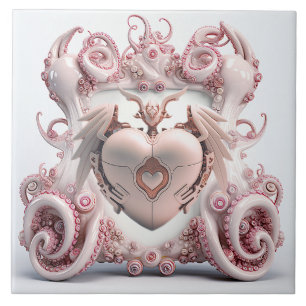 Een roze octopus tegel met een hart in het midden tegeltje