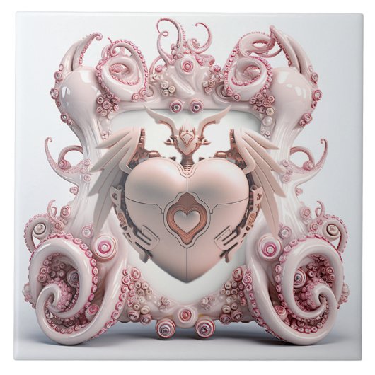 Een roze octopus tegel met een hart in het midden tegeltje (Voorkant)