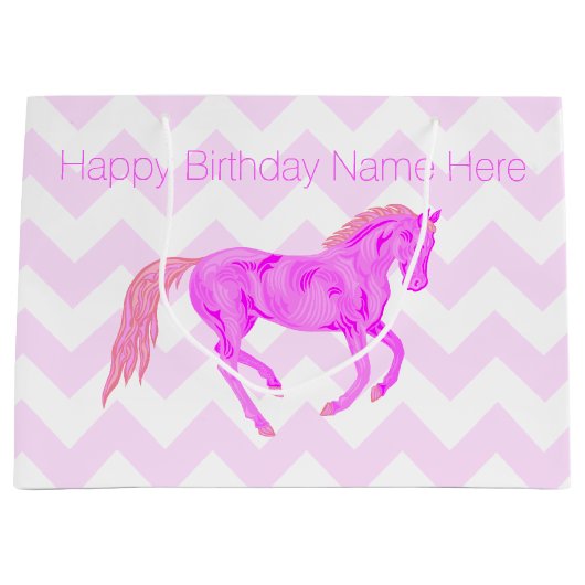 Een roze Pony Cute Chevron Pattern Happy Birthday Large Cadeautasje (Voorkant)