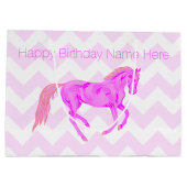 Een roze Pony Cute Chevron Pattern Happy Birthday Large Cadeautasje (Achterkant)