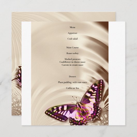 Een roze vlinder op een roomsatijnachtergrond menu (Voorkant / Achterkant)