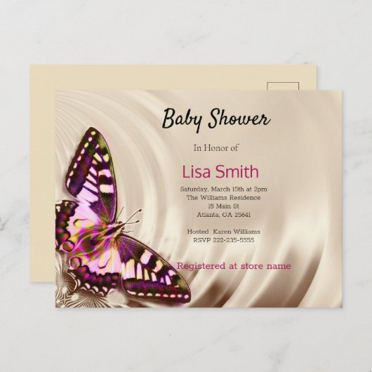 Een roze vlinder op een roomsatijnachtergrond uitnodiging briefkaart (Voorkant / Achterkant)