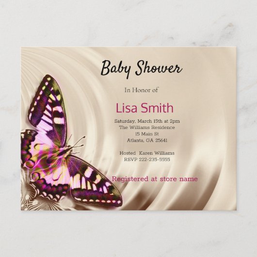 Een roze vlinder op een roomsatijnachtergrond uitnodiging briefkaart (Voorkant)
