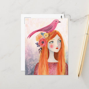 Een roze vogel in haar haar briefkaart