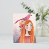 Een roze vogel in haar haar briefkaart (Staand voorkant)