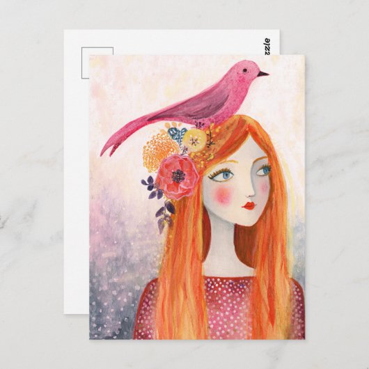 Een roze vogel in haar haar briefkaart (Voorkant / Achterkant)