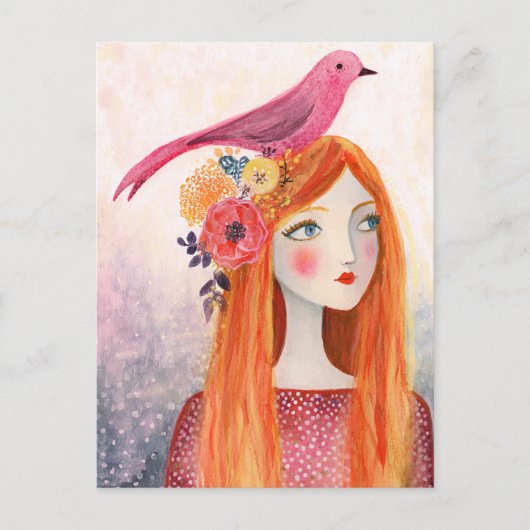 Een roze vogel in haar haar briefkaart (Voorkant)