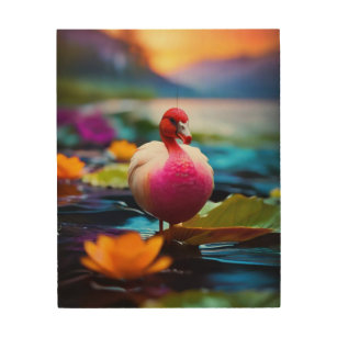 Een roze vogel in water hout afdruk