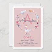 Een roze zwaan monogram meisje verjaardagsfeest kaart (Voorkant)