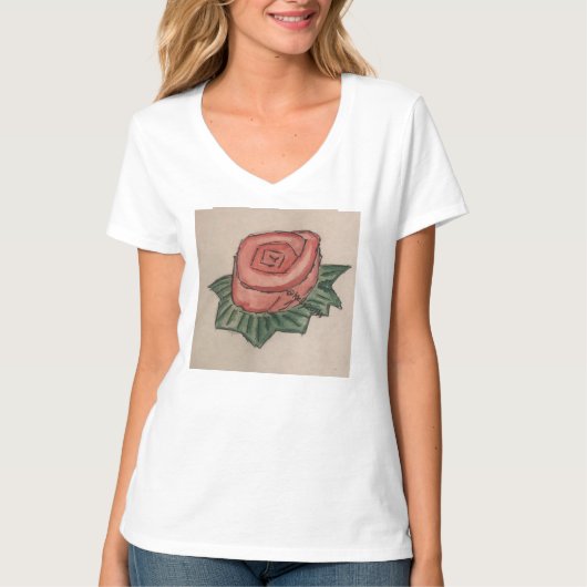 Een rozen v-hals T-shirt met rozen tekening (Voorkant)