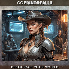 Een ruimte cowboy meisje in een galerij bar tissuepapier