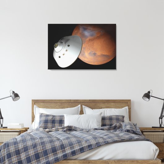 Een ruimteschip in aeroshell nadert Mars. Canvas Afdruk (Insitu (Slaapkamer))