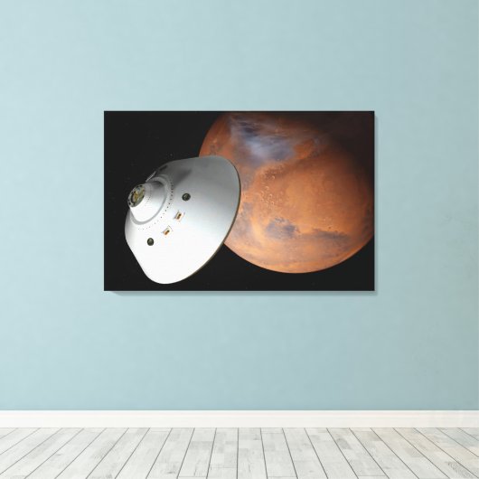 Een ruimteschip in aeroshell nadert Mars. Canvas Afdruk (Insitu (Houten vloer))