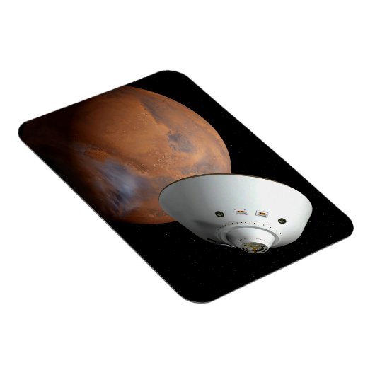 Een ruimteschip in aeroshell nadert Mars. Magneet (Rechterzijde)