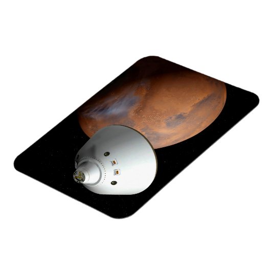 Een ruimteschip in aeroshell nadert Mars. Magneet (Linkerzijde)