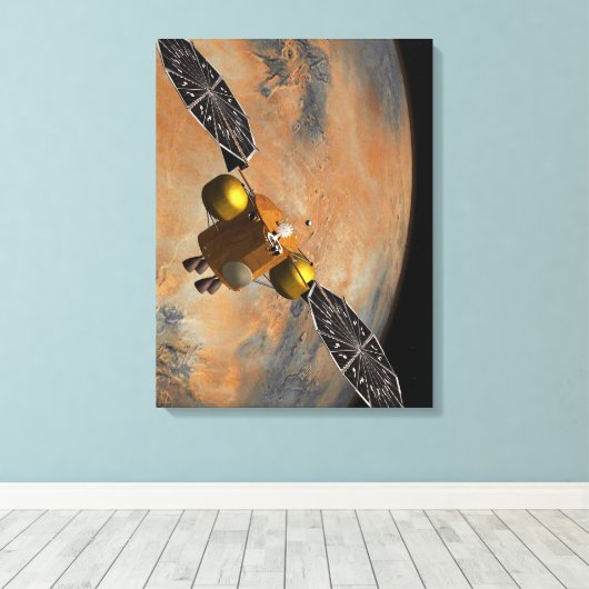 Een ruimteschip in een baan om Mars. Canvas Afdruk (Insitu (Houten vloer))