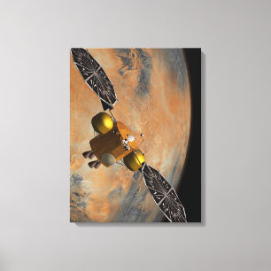 Een ruimteschip in een baan om Mars. Canvas Afdruk