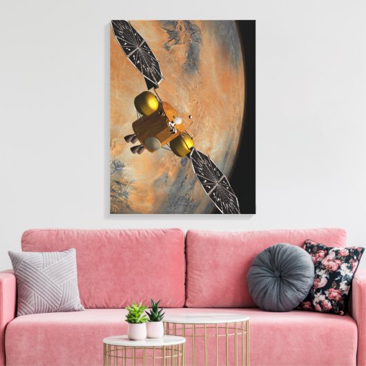 Een ruimteschip in een baan om Mars. Canvas Afdruk (Insitu (Woonkamer))