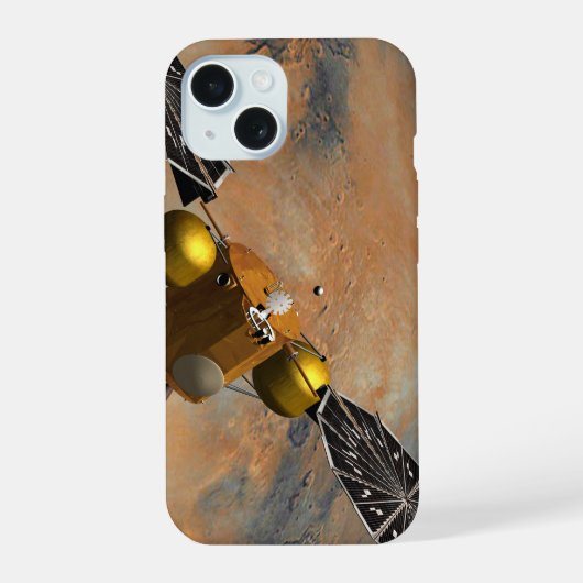Een ruimteschip in een baan om Mars. iPhone 15 Case (Achterkant)