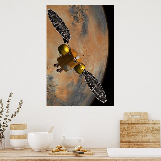 Een ruimteschip in een baan om Mars. Poster (Keuken)