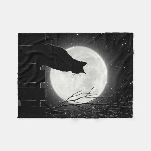 Een rustende zwarte kat en volle maan, Fleece Blan Deken (Voorkant (Horizontaal))