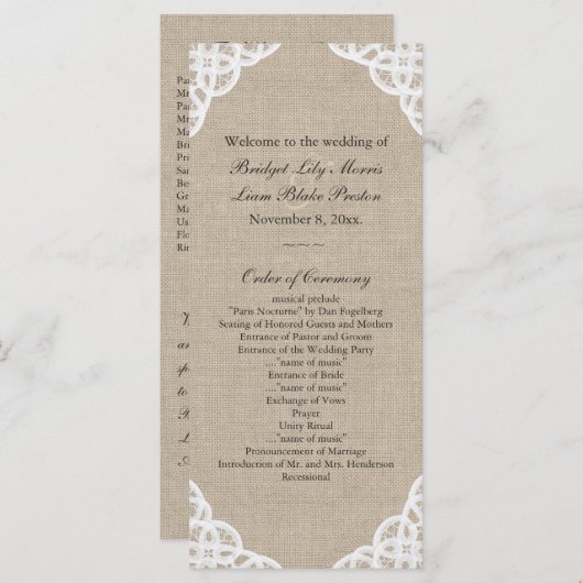 Een rustieke kant & Burlap bruiloft programma Programmakaart (Voorkant / Achterkant)