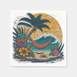 Een rustige scène van een strand met palmbomen servet