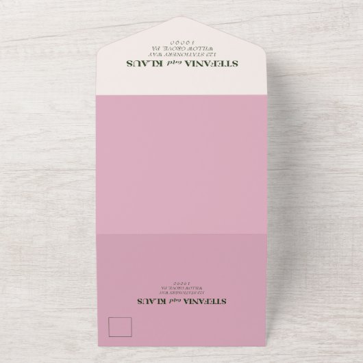 Een 'Sage' en 'Blush Modern minimalist' All In One Uitnodiging (Buitenkant)