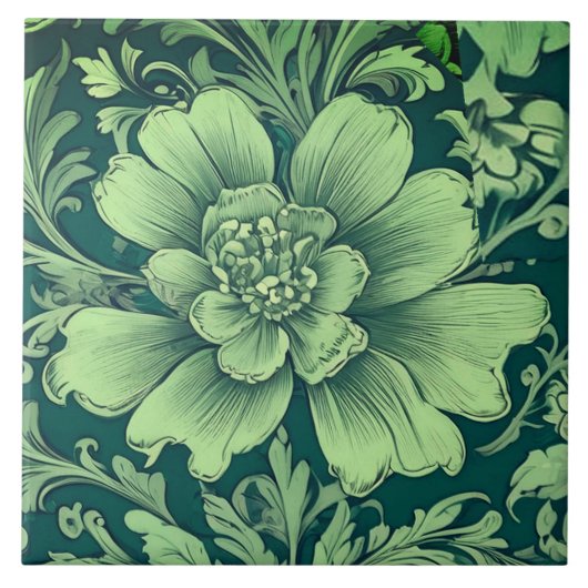 Een saliegroene vintage bloem tegeltje (Voorkant)