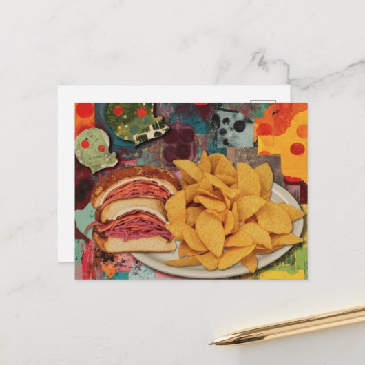 Een sandwich en chips collage briefkaart (Voorkant / Achterkant in situ)