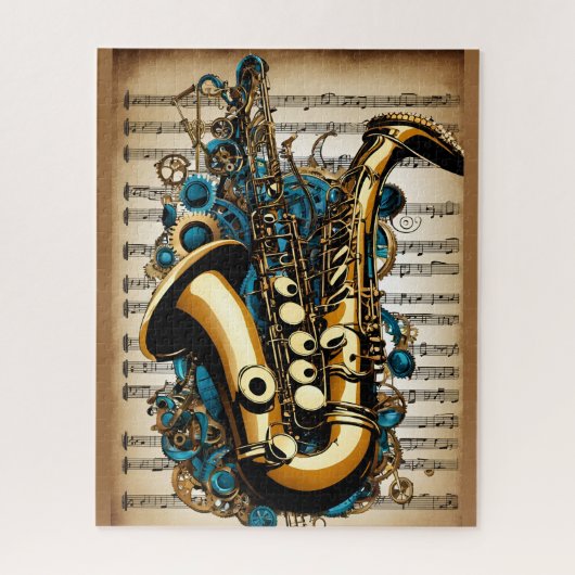 Een saxofoon, steampunk-stijl legpuzzel (Verticaal)