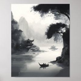 Een scène die een Chinees landschap en een boot af Poster
