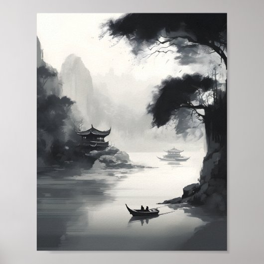 Een scène die een Chinees landschap en een boot af Poster (Voorkant)
