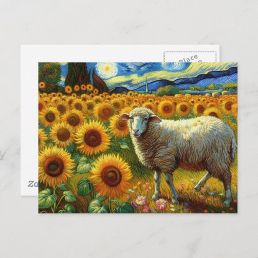 Een schaap in een zonnebloemveld briefkaart (Voorkant / Achterkant)