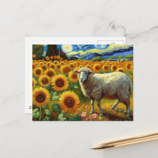 Een schaap in een zonnebloemveld briefkaart (Voorkant / Achterkant in situ)