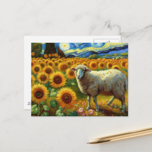 Een schaap in een zonnebloemveld briefkaart
