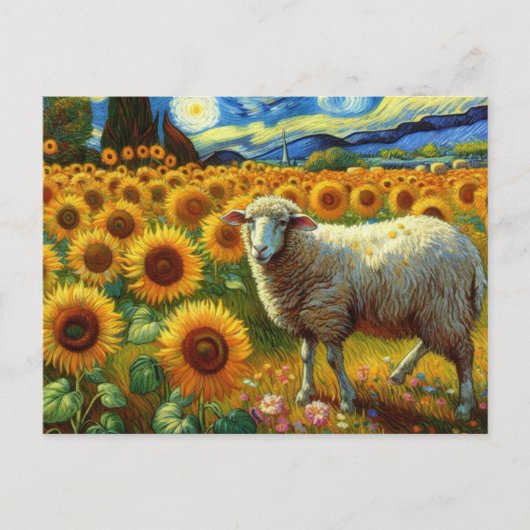 Een schaap in een zonnebloemveld briefkaart (Voorkant)