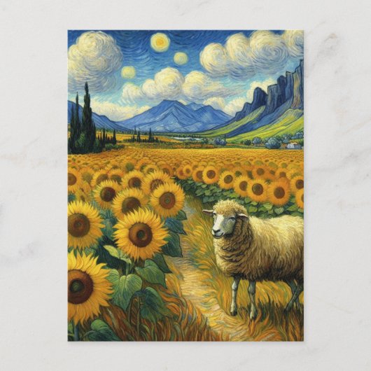 Een schaap in het Zonnebloemenveld Faux Van Gogh Briefkaart (Voorkant)