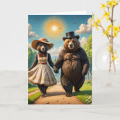 Een Schattig Beer paar op een wandeling met Baby B Kaart (Gele Bloem)