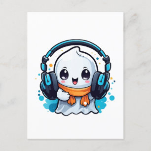Een schattig en spookachtig spook met hoofdtelefoo briefkaart