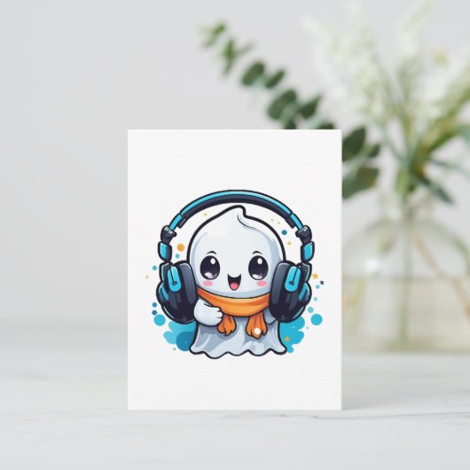 Een schattig en spookachtig spook met hoofdtelefoo briefkaart (Staand voorkant)