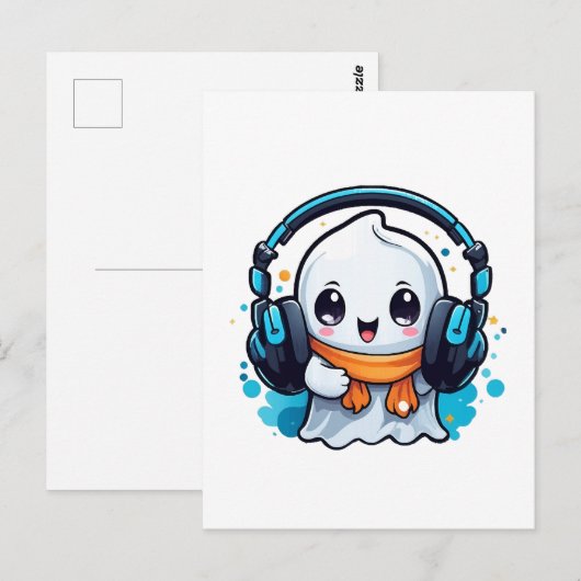 Een schattig en spookachtig spook met hoofdtelefoo briefkaart (Voorkant / Achterkant)