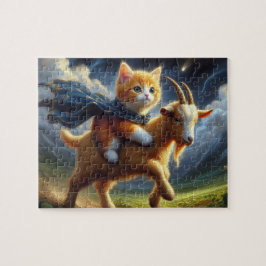 Een schattig gemberkitten op een geit legpuzzel