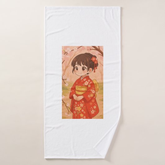 Een schattig Japans meisje in een kersenbloesemtui Badhanddoek (Badhanddoek)