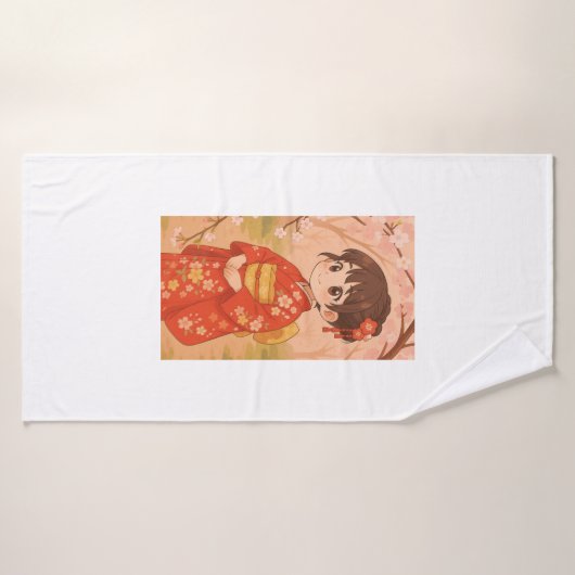Een schattig Japans meisje in een kersenbloesemtui Badhanddoek (Badhanddoek)