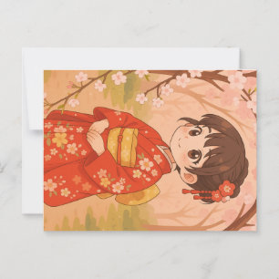 Een schattig Japans meisje in een kersenbloesemtui Briefkaart