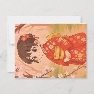 Een schattig Japans meisje in een kersenbloesemtui Briefkaart