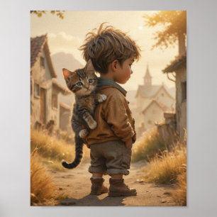 Een schattig kind en zijn kitten poster