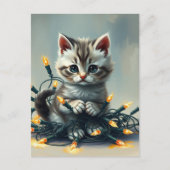 Een schattig kitten verpakt in kerstverlichting briefkaart (Voorkant)